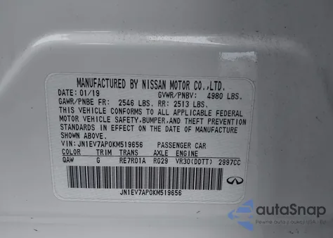 2019 Infiniti Q50 3.0T Luxe from USA, damaged, VIN JN1EV7AP0KM519656